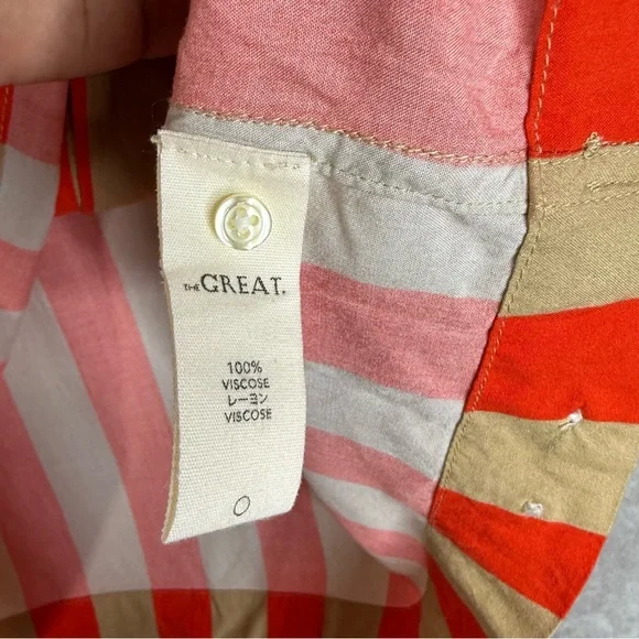 The Great. The Bowling Button Down Shirt Blouse In Sunset Stripe Orange Size 3 L - Picture 6 of 8